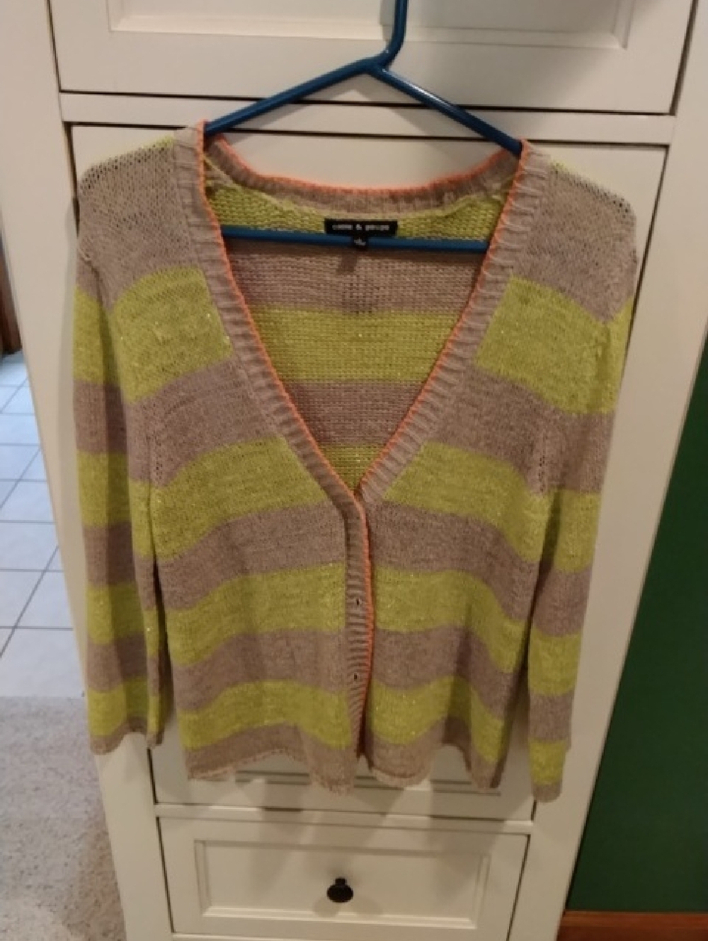 Cable & Gauge Lime and Beige Striped V-Neck Cardigan with Coral Trim